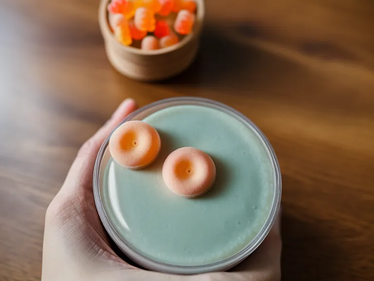 A close-up of two probiotic gummies being held by a woman in a classroom setting.