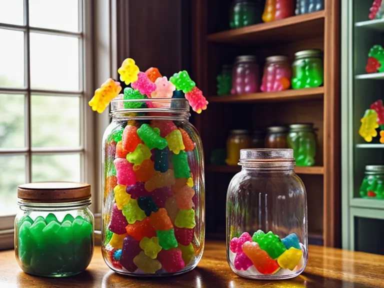 A jar of gummy supplements on a shelf next to books and a plant.