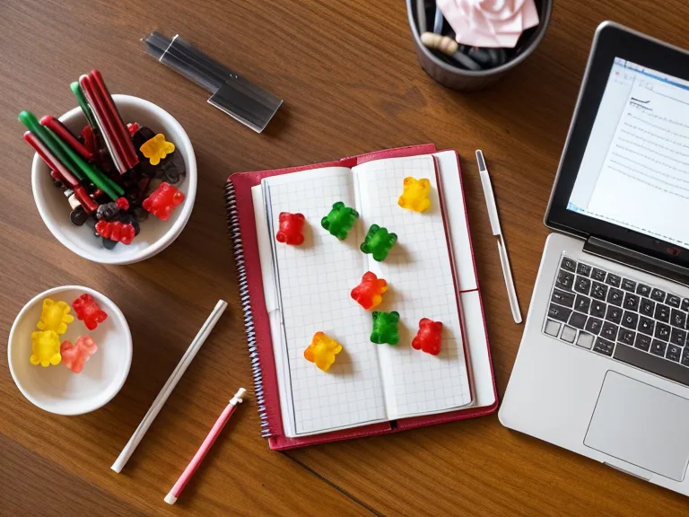 Close-up of probiotic gummies on a teacher's desk with school supplies.