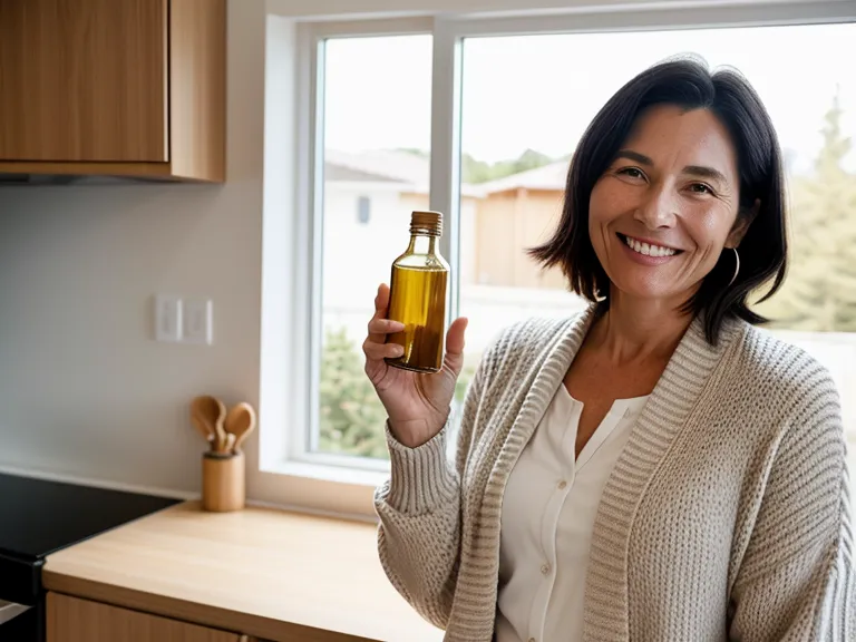 A woman in a kitchen looking happy while holding a supplement bottle.