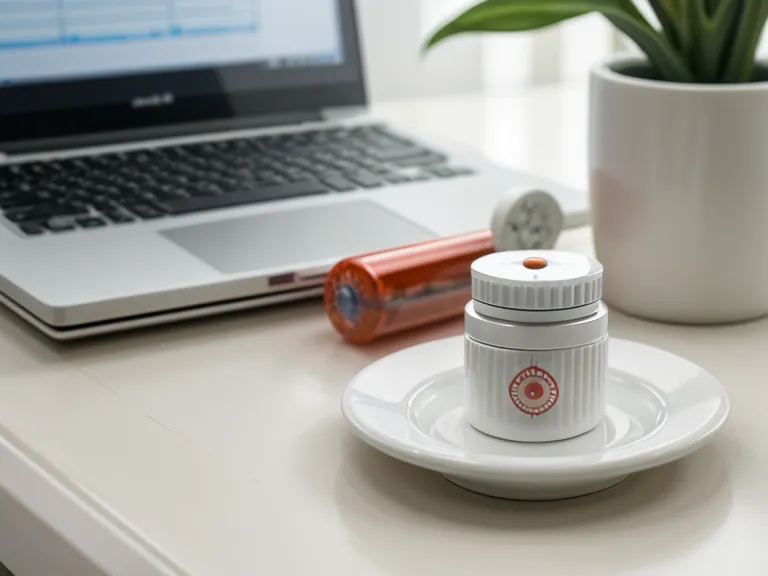 A close-up of a SynoGut capsule next to a teacher's coffee mug.